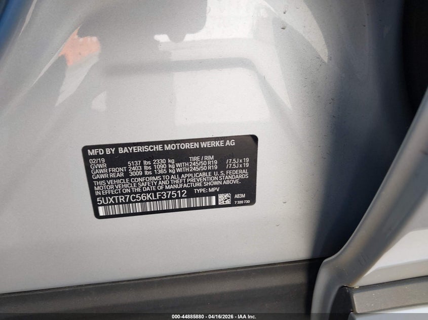 2019 BMW X3 VIN 5UXTR7C56KLF37512 IAAI salvage auction — FRONT END, Salvage Title, sold $6,600 on 2026-07-10 (photo 9)