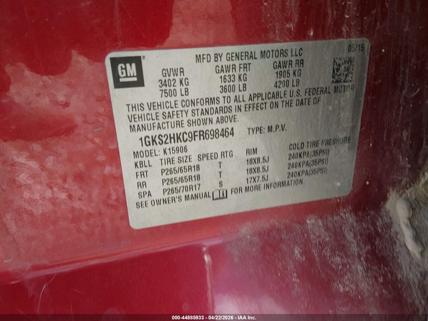 2015 Gmc Yukon VIN 1GKS2HKC9FR698464 IAAI salvage auction — FRONT END, Junk (Missouri), sold $825 on 2026-07-19 (photo 9)