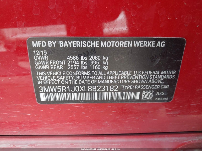2020 BMW 3er VIN 3MW5R1J0XL8B23182 IAAI salvage auction — FRONT END, Wait Title, sold $5,100 on 2026-07-09 (photo 9)