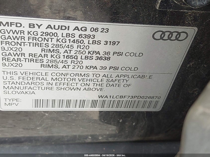 2023 Audi Q7 VIN WA1LCBF73PD026870 IAAI salvage auction — FRONT END, Salvage (Ohio), sold $5,400 on 2026-07-29 (photo 9)