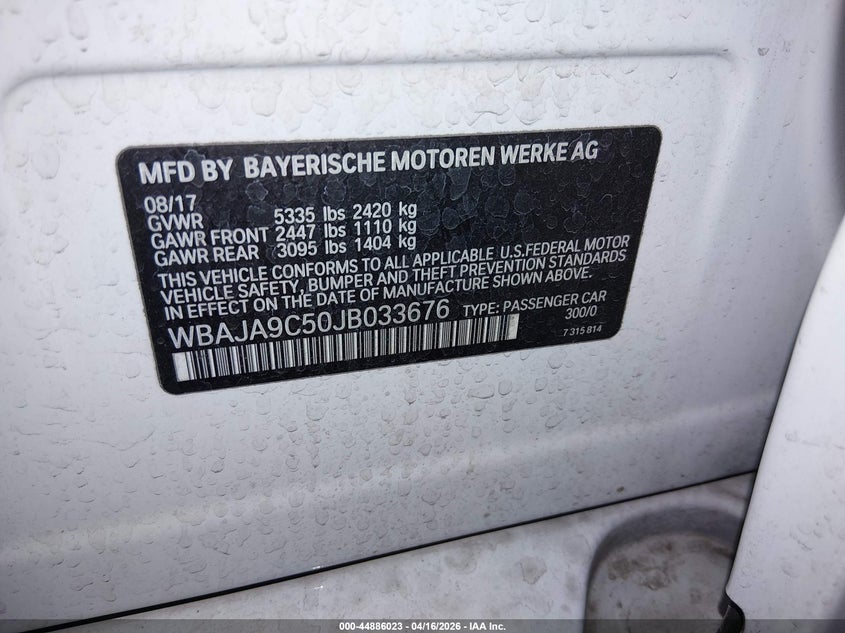 2018 BMW 5er VIN WBAJA9C50JB033676 IAAI salvage auction — UNDERCARRIAGE, Salvage Title, sold $8,600 on 2026-07-14 (photo 9)