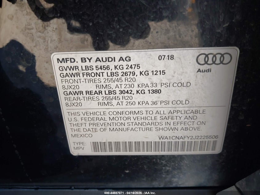 2018 Audi Q5 VIN WA1CNAFY2J2225506 IAAI salvage auction — FRONT END, Salvage Title, sold $5,900 on 2026-08-01 (photo 9)