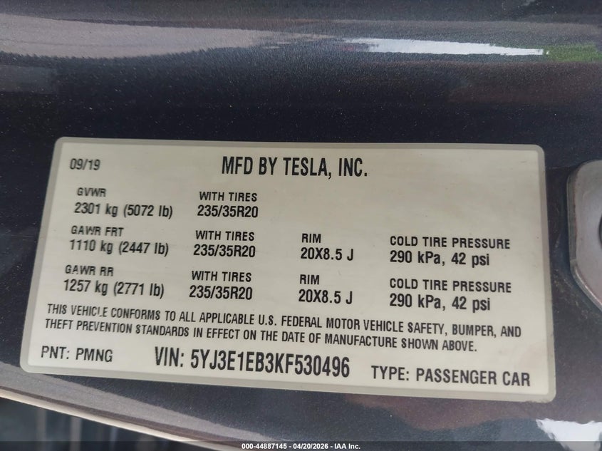 2019 Tesla Model 3 VIN 5YJ3E1EB3KF530496 IAAI salvage auction — LEFT SIDE, Wait Title, sold $5,600 on 2026-07-23 (photo 9)