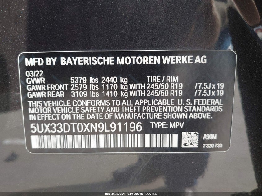 2022 BMW X4 VIN 5UX33DT0XN9L91196 IAAI salvage auction — FRONT END, Wait Title, sold $11,650 on 2026-07-28 (photo 9)
