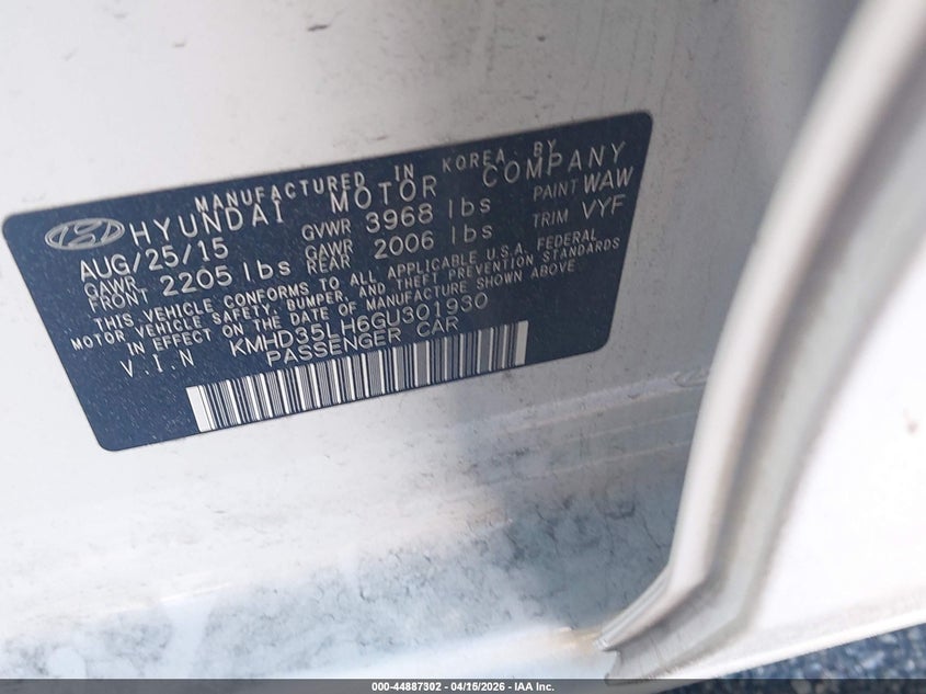 2016 Hyundai Elantra VIN KMHD35LH6GU301930 IAAI salvage auction — LEFT FRONT, Wait Title, sold $1,100 on 2026-07-30 (photo 9)