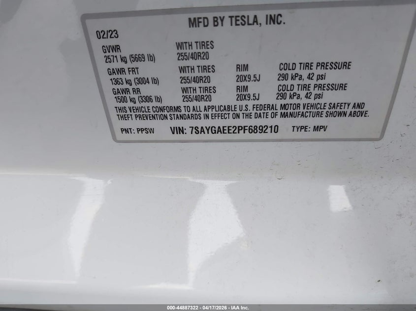 2023 Tesla Model y VIN 7SAYGAEE2PF689210 IAAI salvage auction — REAR END, Salvage Title, sold $9,600 on 2026-07-23 (photo 9)