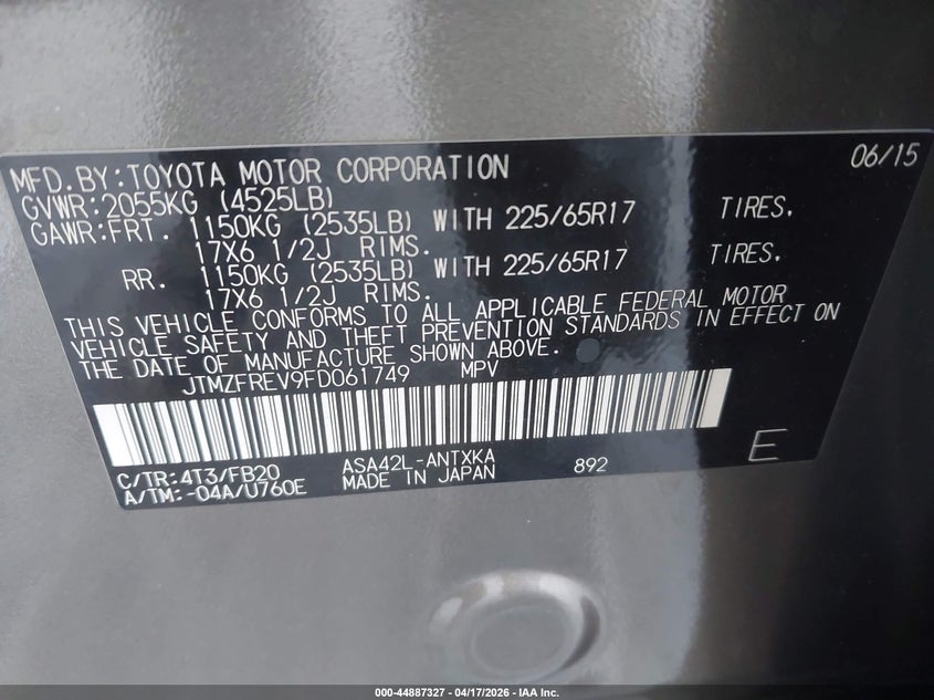 2015 Toyota Rav 4 VIN JTMZFREV9FD061749 IAAI salvage auction — FRONT END, Salvage Title, sold $3,100 on 2026-07-07 (photo 9)