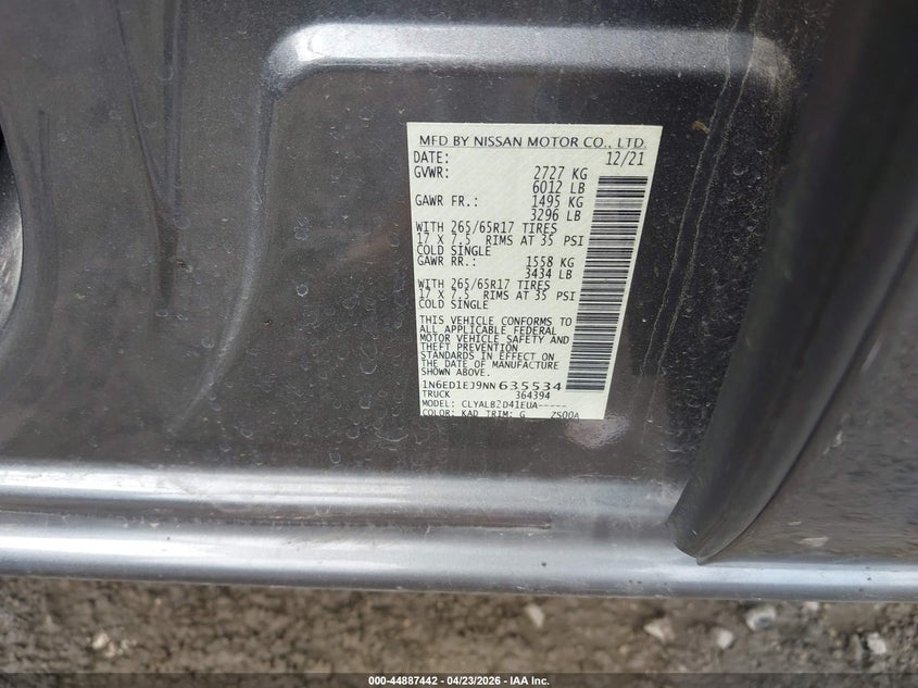 2022 Nissan Navara (frontier) VIN 1N6ED1EJ9NN635534 IAAI salvage auction — RIGHT FRONT, Original (Texas), sold $7,350 on 2026-07-28 (photo 9)