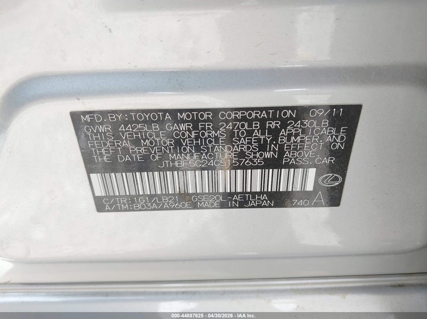 2012 Lexus Is VIN JTHBF5C24C5157635 IAAI salvage auction — FRONT END, Salvage (Georgia), sold $275 on 2026-07-28 (photo 9)