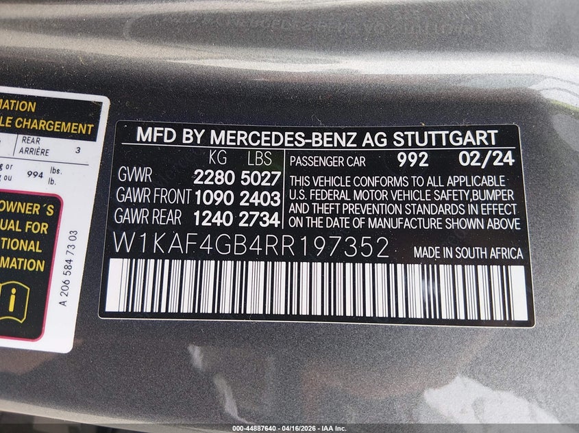 2024 Mercedes-benz C-klasse VIN W1KAF4GB4RR197352 IAAI salvage auction — LEFT SIDE, Wait Title, sold $21,750 on 2026-07-08 (photo 9)