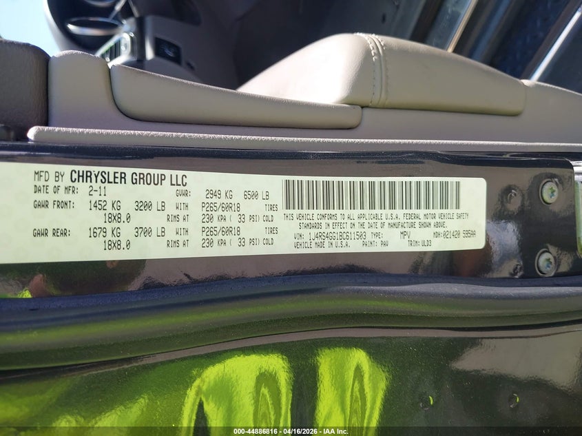 2011 Jeep Grand cherokee VIN 1J4RS4GG1BC611503 IAAI salvage auction — FRONT END, Salvage (North Carolina), sold $1,250 on 2026-08-13 (photo 9)