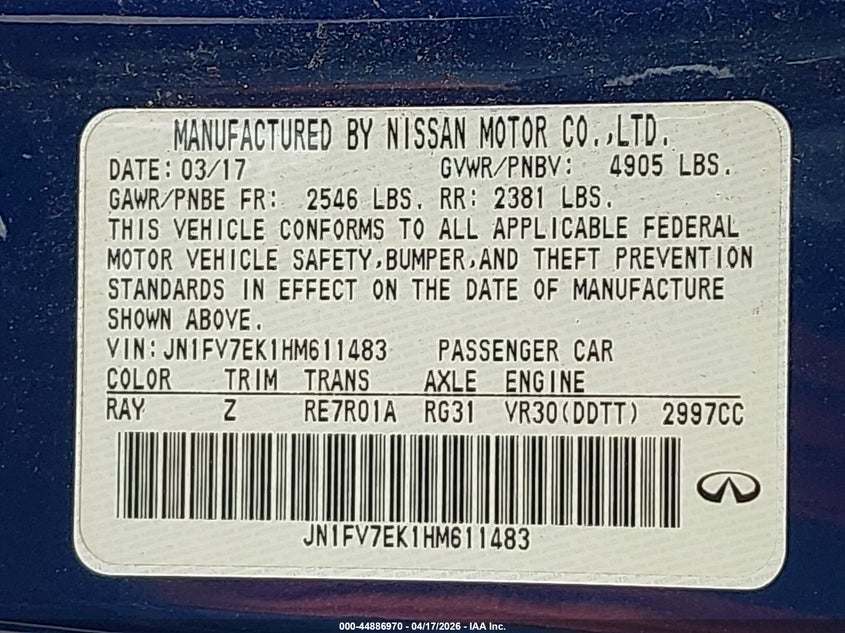 2017 Infiniti Q60 VIN JN1FV7EK1HM611483 IAAI salvage auction — HAIL, Original (Texas), sold $13,200 on 2026-07-15 (photo 9)
