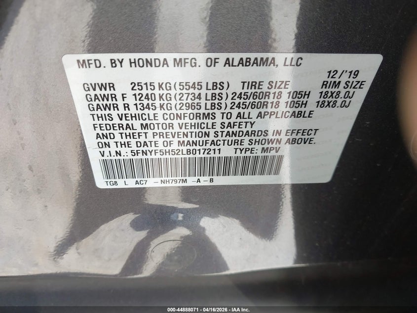 2020 Honda Pilot VIN 5FNYF5H52LB017211 IAAI salvage auction — RIGHT FRONT, Wait Title, sold $5,000 on 2026-07-09 (photo 9)