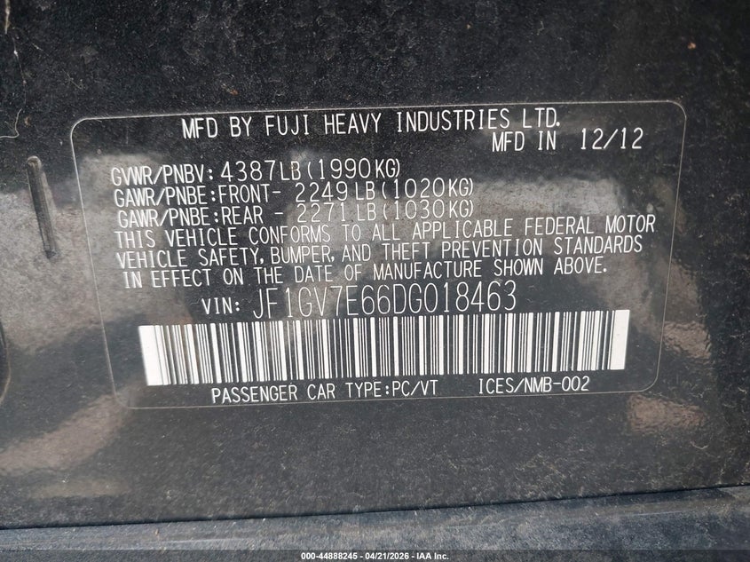2013 Subaru Impreza wrx VIN JF1GV7E66DG018463 IAAI salvage auction — STRIPPED, Salvage (Illinois), sold $400 on 2026-07-15 (photo 9)