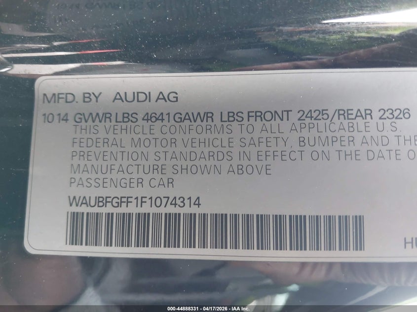 2015 Audi S3 VIN WAUBFGFF1F1074314 IAAI salvage auction — FRONT & REAR, Salvage (California), sold $3,550 on 2026-09-28 (photo 9)
