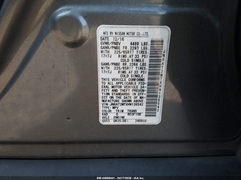 2017 Nissan Rogue VIN JN8AT2MTXHW138542 IAAI salvage auction — LEFT FRONT, Salvage Title, sold $2,650 on 2026-07-15 (photo 9)
