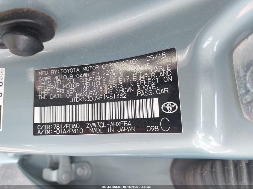 2015 Toyota Prius VIN JTDKN3DU9F1961482 IAAI salvage auction — FRONT END, Wait Title, sold $25 on 2026-07-24 (photo 9)