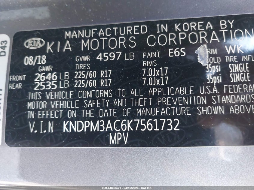 2019 Kia Sportage VIN KNDPM3AC6K7561732 IAAI salvage auction — FRONT & REAR, Salvage - Greater Than 75% (Maryland), sold $2,400 on 2026-07-28 (photo 9)