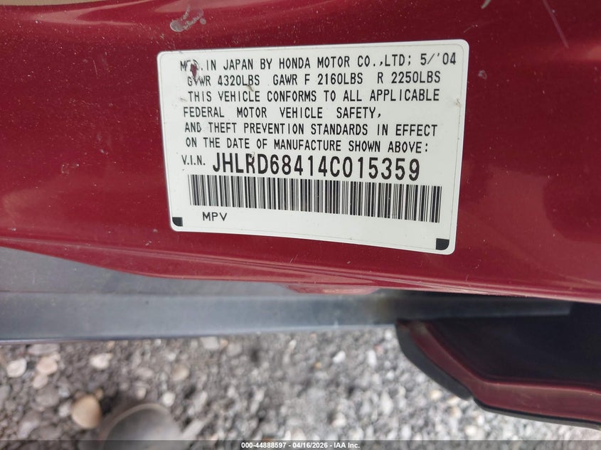 2004 Honda Cr-v VIN JHLRD68414C015359 IAAI salvage auction — NORMAL WEAR, Salvage (Texas), sold $500 on 2026-07-14 (photo 9)