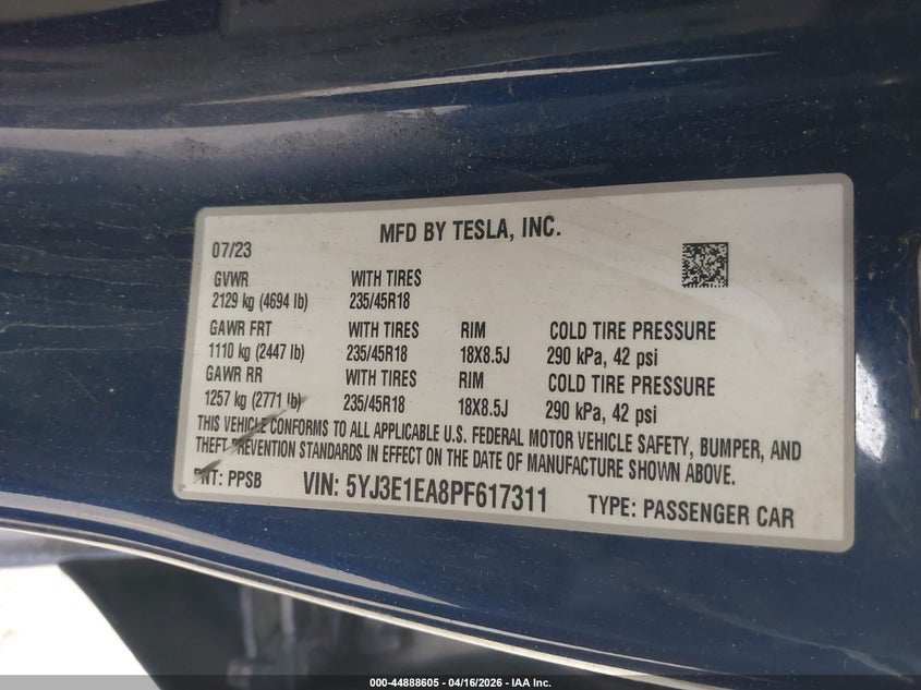 2023 Tesla Model 3 VIN 5YJ3E1EA8PF617311 IAAI salvage auction — REAR END, Salvage Title, sold $7,500 on 2026-07-08 (photo 9)