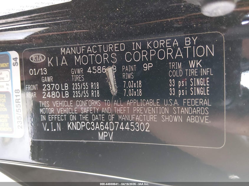 2013 Kia Sportage VIN KNDPC3A64D7445302 IAAI salvage auction — FRONT & REAR, Salvage (Georgia), sold $1,050 on 2026-07-29 (photo 9)