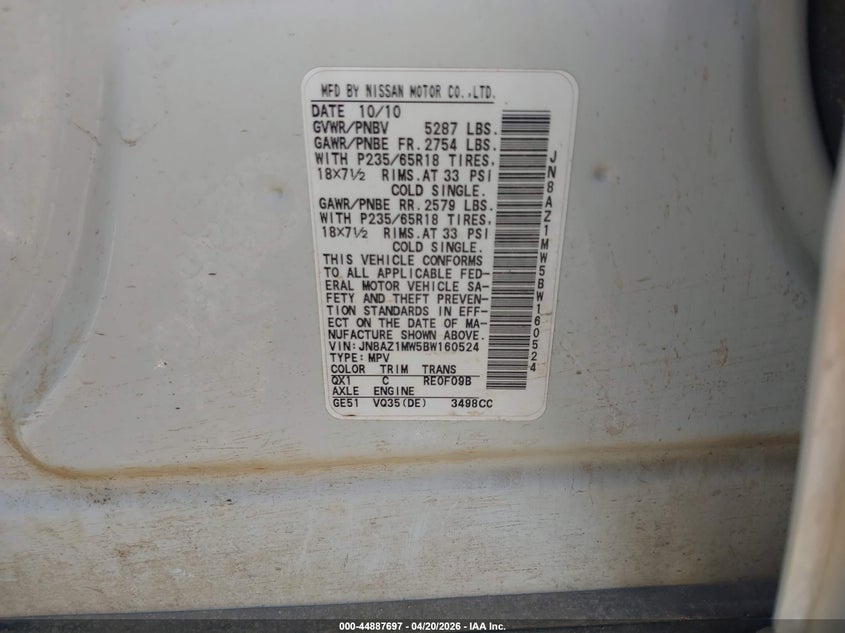 2011 Nissan Murano VIN JN8AZ1MW5BW160524 IAAI salvage auction — FRONT END, Salvage (Colorado), sold $100 on 2026-07-22 (photo 9)