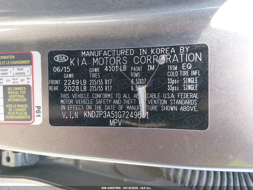 2016 Kia Soul VIN KNDJP3A51G7249601 IAAI salvage auction — RIGHT FRONT, Wait Title, sold $1,075 on 2026-07-22 (photo 9)