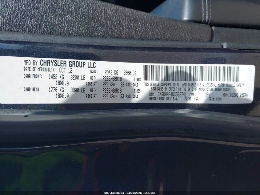2013 Dodge Durango VIN 1C4RDHAG4DC592741 IAAI salvage auction — NORMAL WEAR, Bill Of Sale (Hawaii), sold $125 on 2026-08-04 (photo 9)