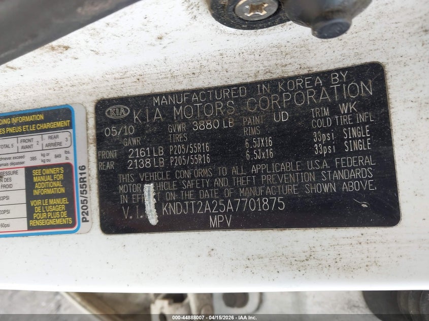 2010 Kia Soul VIN KNDJT2A25A7701875 IAAI salvage auction — FRONT END, Clear (New York), sold $450 on 2026-07-28 (photo 9)