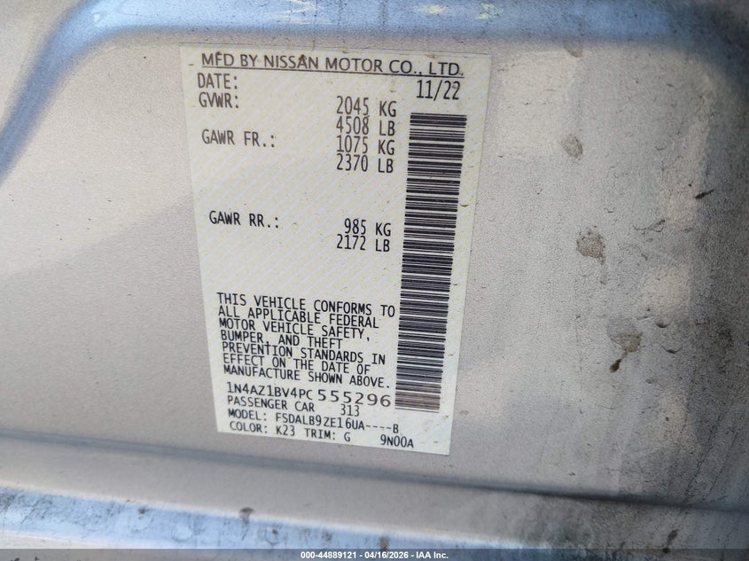 2023 Nissan Leaf VIN 1N4AZ1BV4PC555296 IAAI salvage auction — BIO HAZARD, Wait Title, sold $225 on 2026-07-08 (photo 9)