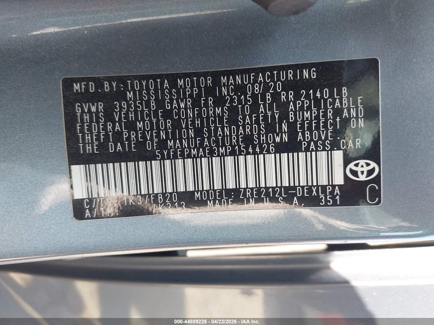 2021 Toyota Corolla VIN 5YFEPMAE3MP154426 IAAI salvage auction — FRONT END, Salvage (Georgia), sold $2,200 on 2026-07-15 (photo 9)
