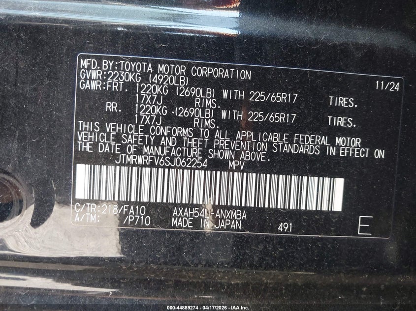 2025 Toyota Rav 4 VIN JTMRWRFV6SJ062254 IAAI salvage auction — FRONT END, Salvage - 75% Or Less (Maryland), sold $9,600 on 2026-07-06 (photo 9)