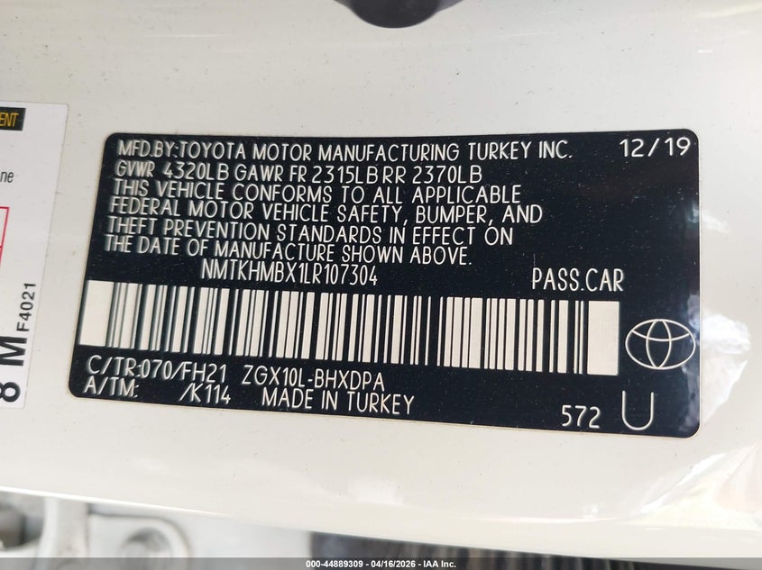 2020 Toyota C-hr VIN NMTKHMBX1LR107304 IAAI salvage auction — FRONT END, Salvage (Texas), sold $3,050 on 2026-07-07 (photo 9)