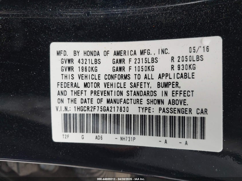 2016 Honda Accord VIN 1HGCR2F75GA217830 IAAI salvage auction — FRONT END, Salvage (Georgia), sold $2,575 on 2026-07-26 (photo 9)