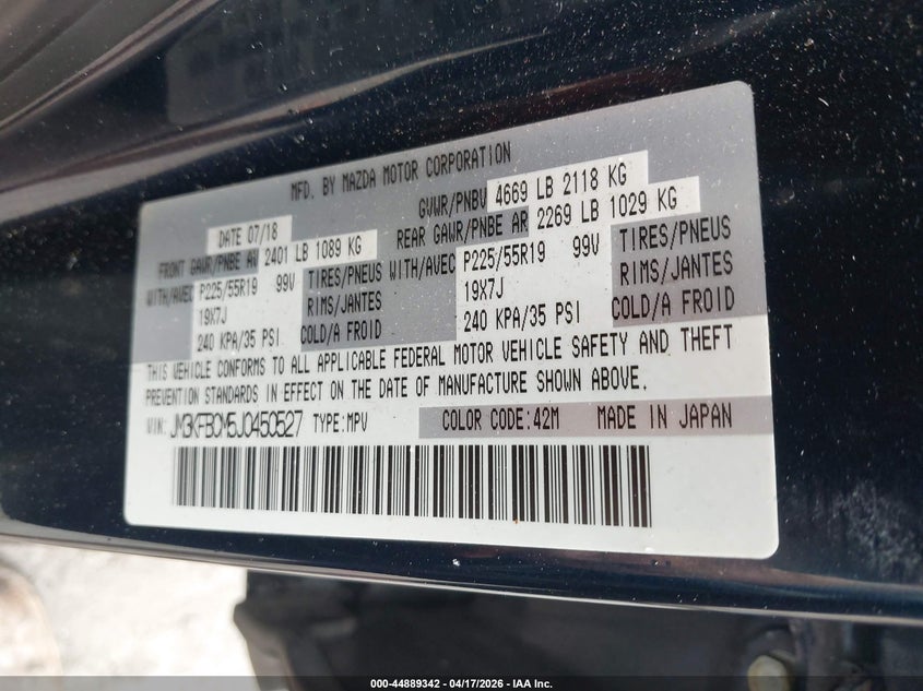2018 Mazda Cx-5 VIN JM3KFBCM5J0450527 IAAI salvage auction — FRONT END, Salvage Title, sold $1,050 on 2026-07-28 (photo 9)