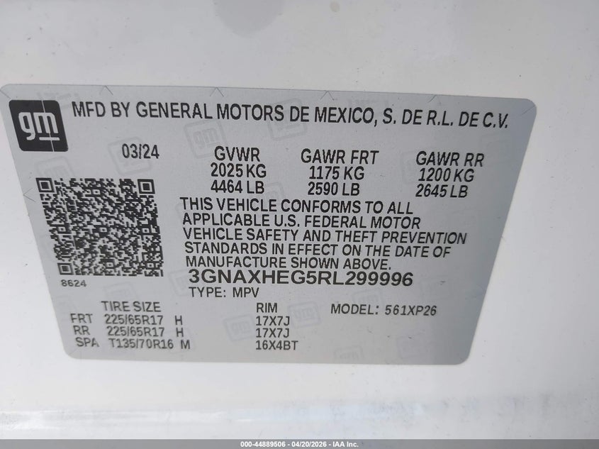 2024 Chevrolet Equinox VIN 3GNAXHEG5RL299996 IAAI salvage auction — LEFT FRONT, Salvage Title, sold $7,000 on 2026-07-30 (photo 9)