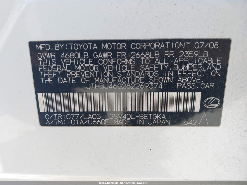 2008 Lexus Es 350 VIN JTHBJ46G282269374 IAAI salvage auction — FRONT END, Salvage (Georgia), sold $2,700 on 2026-07-08 (photo 9)