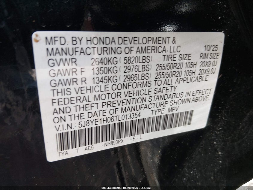 2026 Acura Mdx VIN 5J8YE1H06TL013354 IAAI salvage auction — THEFT, Salvage (New Jersey), sold $32,000 on 2026-07-30 (photo 9)