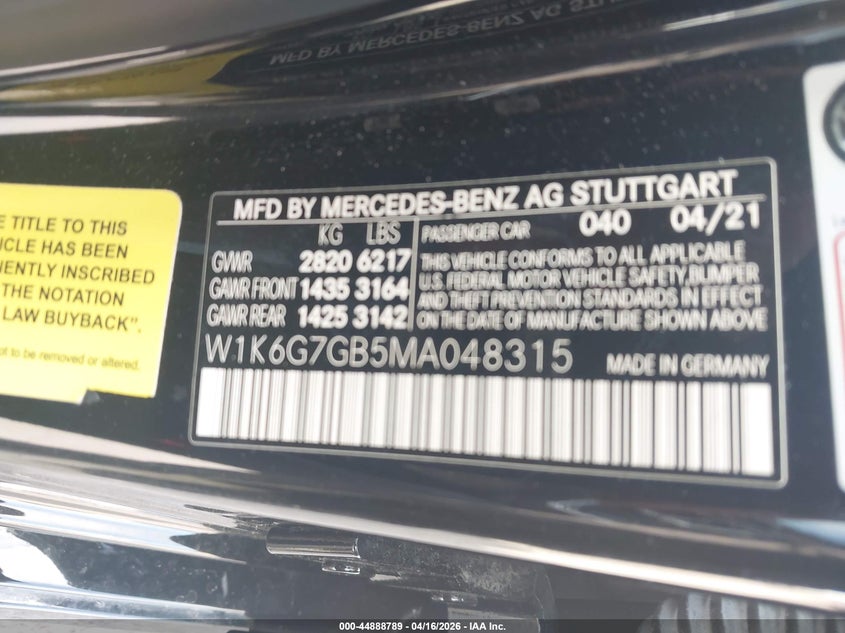 2021 Mercedes-benz S-klasse VIN W1K6G7GB5MA048315 IAAI salvage auction — LEFT FRONT, Original (Texas), sold $42,425 on 2026-07-06 (photo 9)