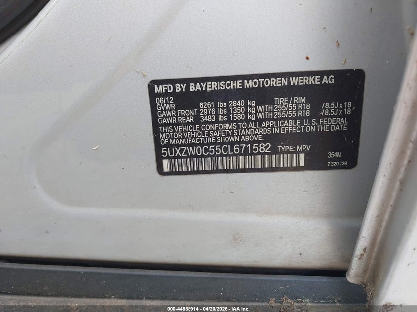 2012 BMW X5 VIN 5UXZW0C55CL671582 IAAI salvage auction — NORMAL WEAR, Clear (Montana), sold $1,600 on 2026-07-23 (photo 9)