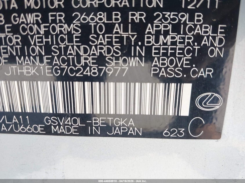 2012 Lexus ES VIN JTHBK1EG7C2487977 IAAI salvage auction — FRONT END, Salvage Title, sold $2,550 on 2026-07-13 (photo 9)