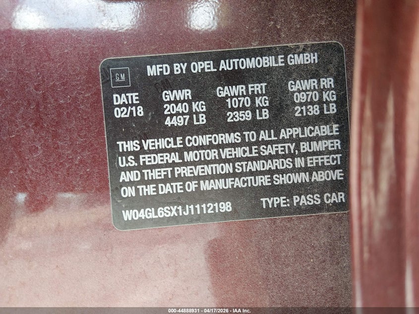 2018 Buick Regal VIN W04GL6SX1J1112198 IAAI salvage auction — FRONT END, Salvage Title, sold $25 on 2026-07-12 (photo 9)