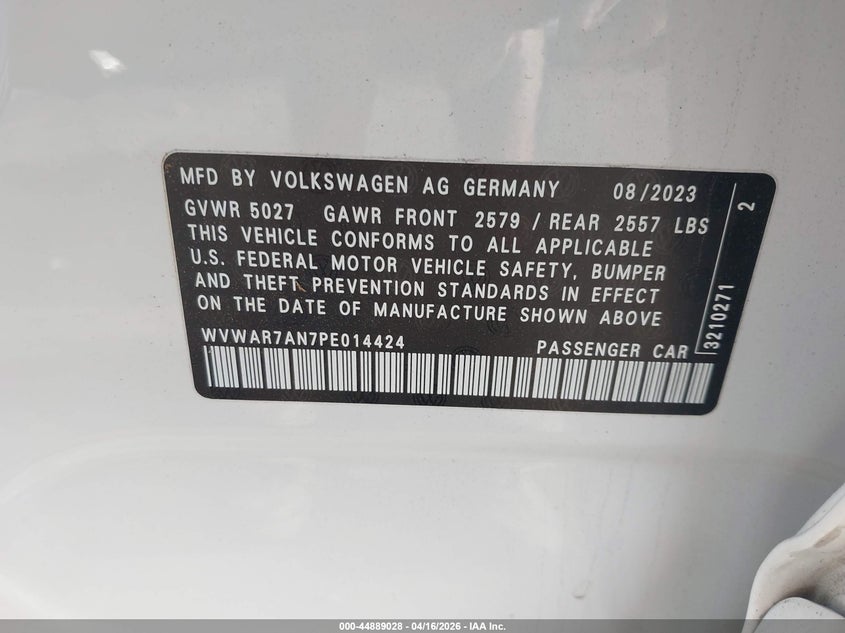 2023 Volkswagen Arteon VIN WVWAR7AN7PE014424 IAAI salvage auction — RIGHT SIDE, Wait Title, sold $13,775 on 2026-08-13 (photo 9)