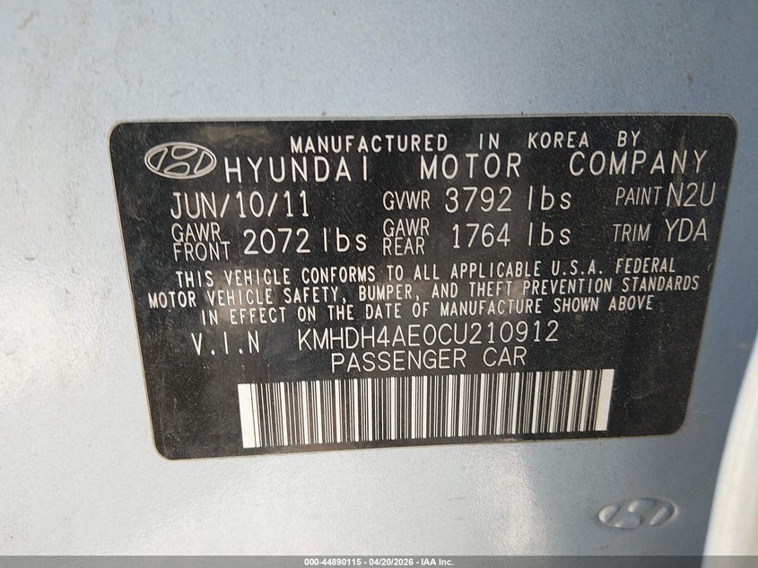 2012 Hyundai Elantra VIN KMHDH4AE0CU210912 IAAI salvage auction — ELECTRICAL, Nrc Lienholder Repossession Paperwork (Colorado), sold $850 on 2026-07-07 (photo 9)