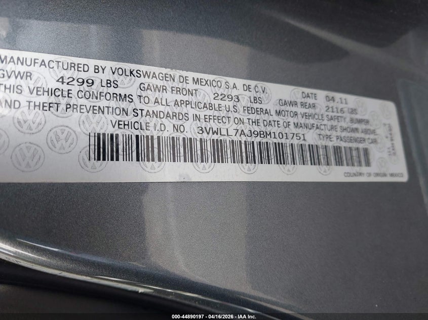 2011 Volkswagen Jetta VIN 3VWLL7AJ9BM101751 IAAI salvage auction — NORMAL WEAR, Clear - Dealer Only (California), sold $850 on 2026-07-09 (photo 9)