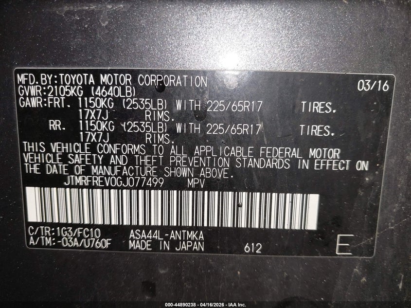 2016 Toyota Rav 4 VIN JTMRFREV0GJ077499 IAAI salvage auction — SIDE, Wait Title, sold $3,950 on 2026-07-30 (photo 9)