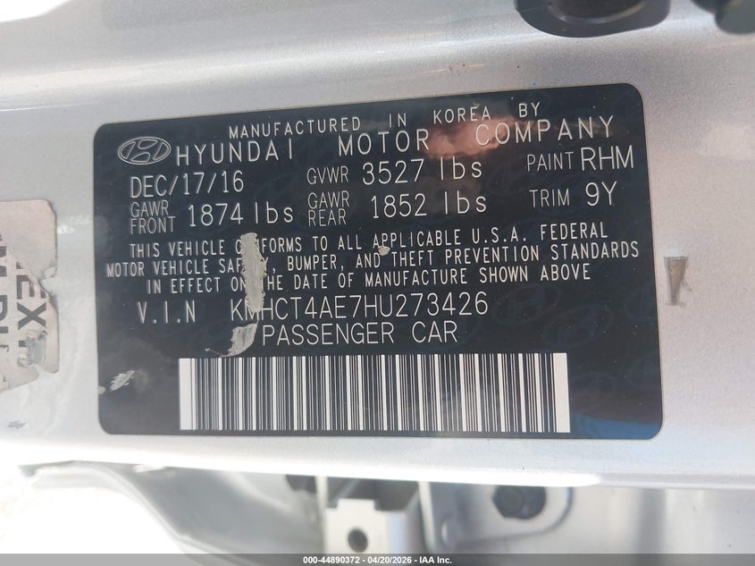 2017 Hyundai Accent VIN KMHCT4AE7HU273426 IAAI salvage auction — RIGHT SIDE, Salvage (Utah), sold $550 on 2026-07-30 (photo 9)