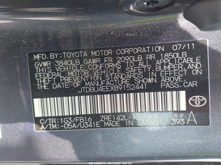 2011 Toyota Corolla VIN JTDBU4EEXB9152441 IAAI salvage auction — REAR END, Salvage (Texas), sold $725 on 2026-07-07 (photo 9)