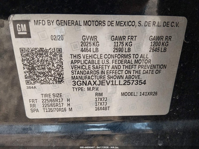 2020 Chevrolet Equinox VIN 3GNAXJEV1LL257354 IAAI salvage auction — FRONT END, Salvage (South Carolina), sold $2,750 on 2026-07-18 (photo 9)