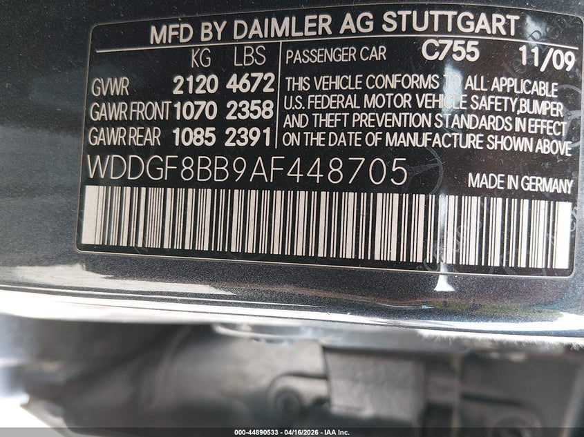 2010 Mercedes-benz C-klasse VIN WDDGF8BB9AF448705 IAAI salvage auction — NORMAL WEAR, Original (Ohio), sold $625 on 2026-07-17 (photo 9)
